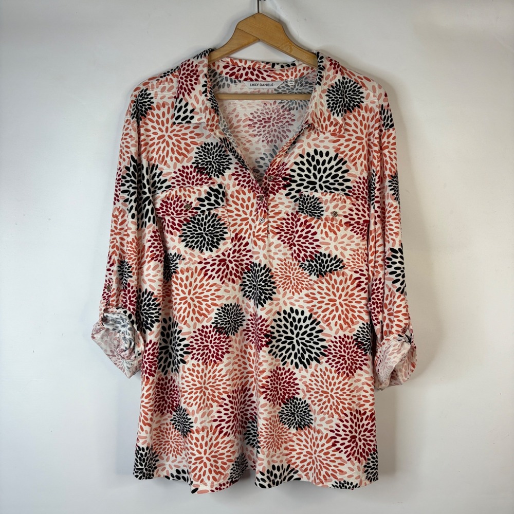 Emily Daniels Blouse Women 3X Orange Red Floral Roll Tab Sleeve Split Neck Top